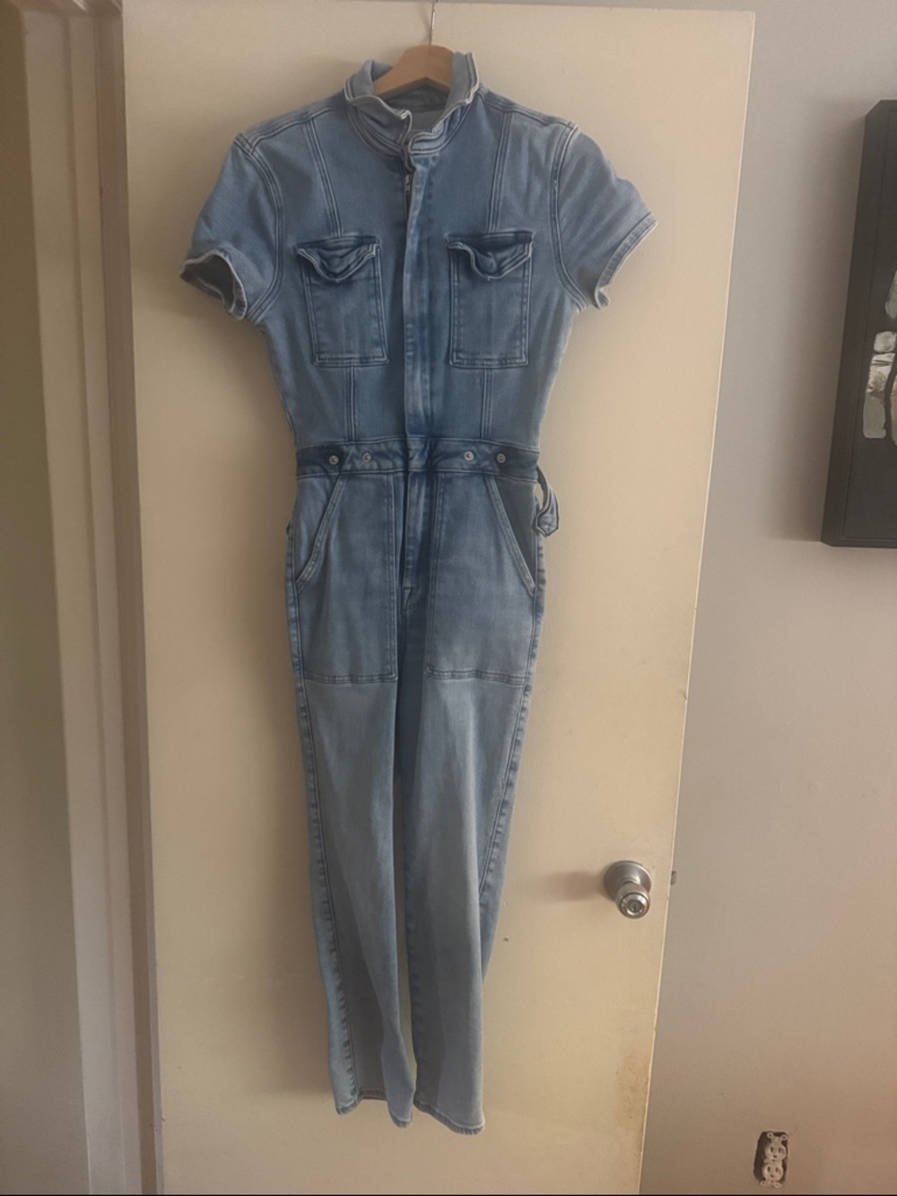 Good American Light Blue Denim Short-Sleeve Jumpsuit